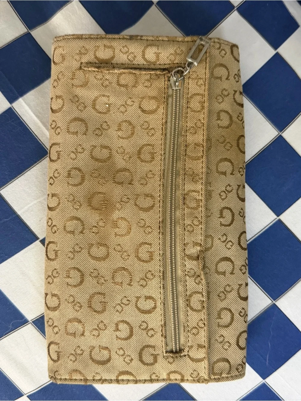 Guess Tan and Camel Logo Clutch with Croc-Trim